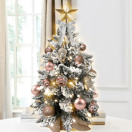 22in Tabletop Christmas Tree With Light Artificial Small Mini Red Christmas Decoration With Flocked Snow, Exquisite Decor & Xmas Ornaments For Table T