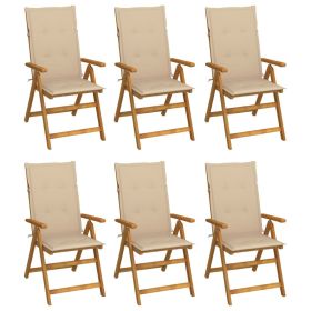 Folding Patio Chairs 6 pcs with Cushions Solid Acacia Wood (Color: Beige)